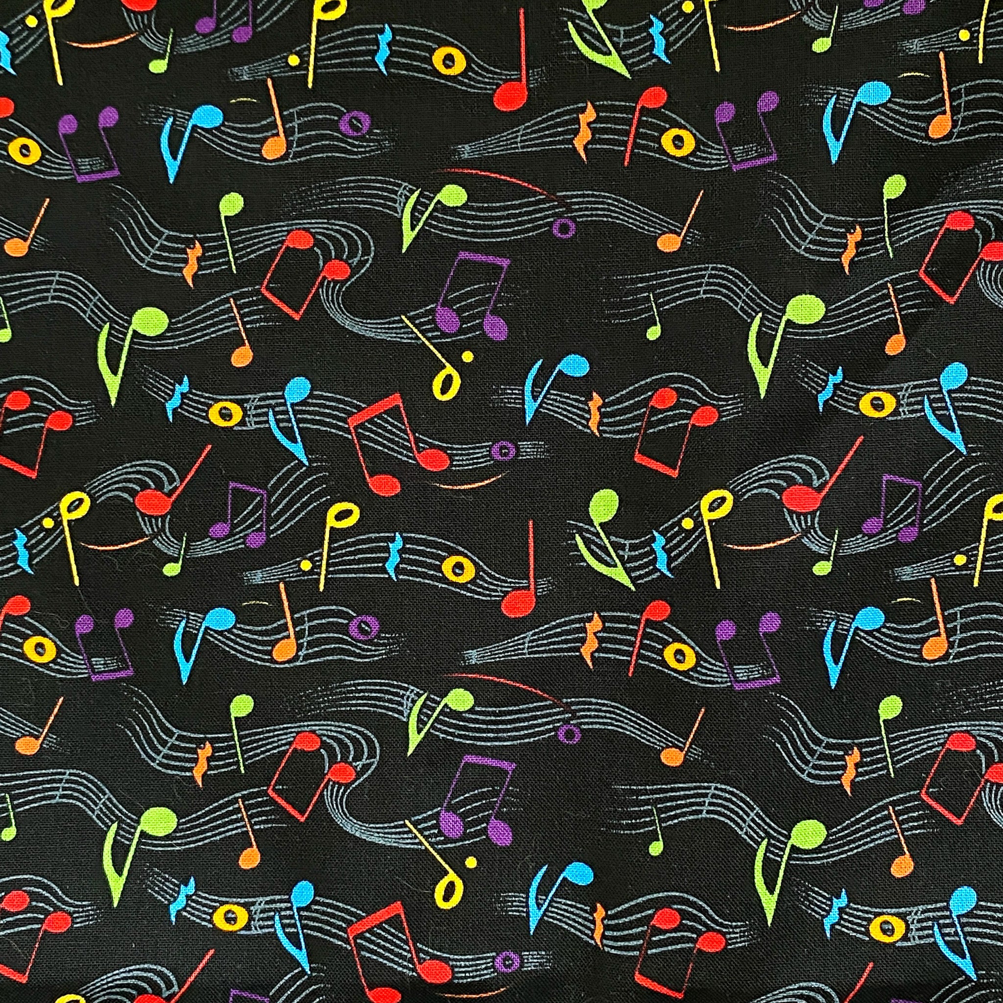 NEW. Rainbow Music Notes on Black 100% Cotton Fabric **ships From