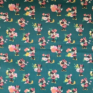 NEW. Disney Minnie Mouse Floral on Dark Green 100% Cotton Fabric **Ships from California ##Click Item Details