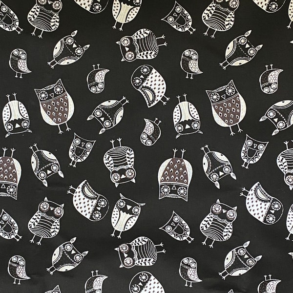 NEW. Nine Iron Pattern White and Brown Owls on Black 100% Cotton Fabric **Ships from California ##Click Item Details