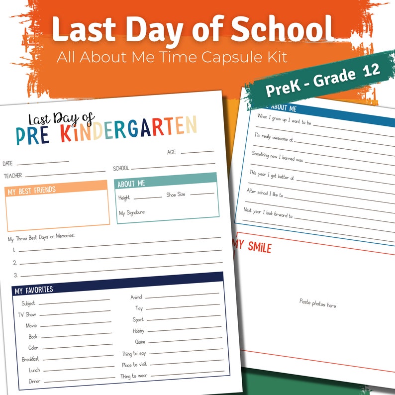 Last Day of School Interview All Grades Time Capsule Bundle Questionnaire Printable Instant Download image 1