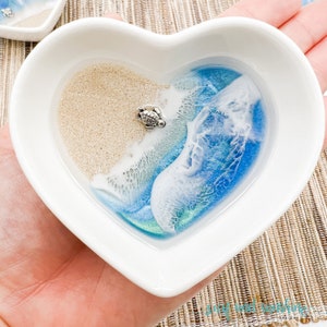 FREE SHIPPING Best Seller! Baby Sea Turtle on a Beach Heart Ring Dish Handmade with REAL Caribbean Sand | Trinket Dish Jewelry Tray | Resin