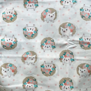 Cute Hedgehogs with Flowers on White with Pink Polka Dots 100% Cotton FLANNEL  Fabric **Ships from California ##Click Item Details