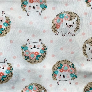 Cute Hedgehogs with Flowers on White with Pink Polka Dots 100% Cotton Fabric **Ships from California ##Click Item Details