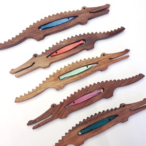 Natural walnut wood music instrument Crocodile & colored fish, personalized montessori or waldorf toy SIZE S image 3