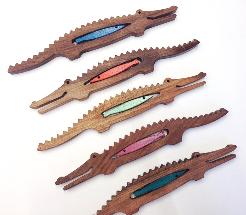 Natural walnut wood music instrument Crocodile & colored fish, personalized montessori or waldorf toy SIZE S image 3