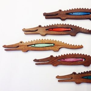 Natural walnut wood music instrument Crocodile & colored fish, personalized montessori or waldorf toy SIZE L image 1