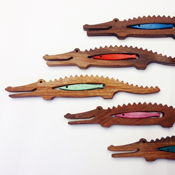 Natural walnut wood music instrument Crocodile & colored fish, personalized montessori or waldorf toy