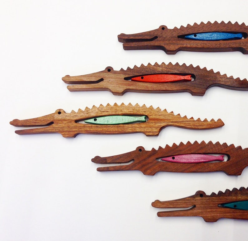 Natural walnut wood music instrument Crocodile & colored fish, personalized montessori or waldorf toy SIZE L image 1