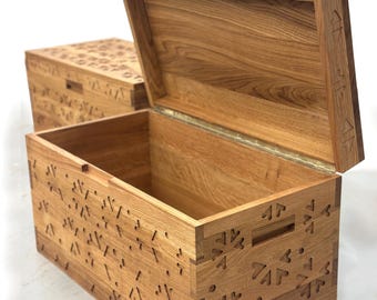 Personalized Unisex Solid Oak Wooden Chest | Treasure Trunk with Intricate Geometric Carvings & Heirloom-Quality Storage Box for Home Decor