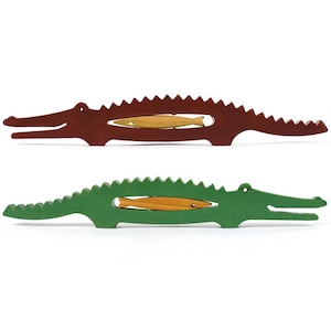 Natural walnut wood music instrument Crocodile & colored fish, personalized montessori or waldorf toy SIZE S image 1