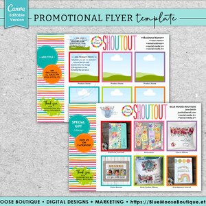 May include: A colourful promotional flyer template for a small business. The flyer features a rainbow striped background with the text "SHOUTOUT" in a colourful font. The flyer includes space for a business name, social media links, and product photos. The flyer also includes a section for special gift ideas and a call to action to join the business on Facebook.