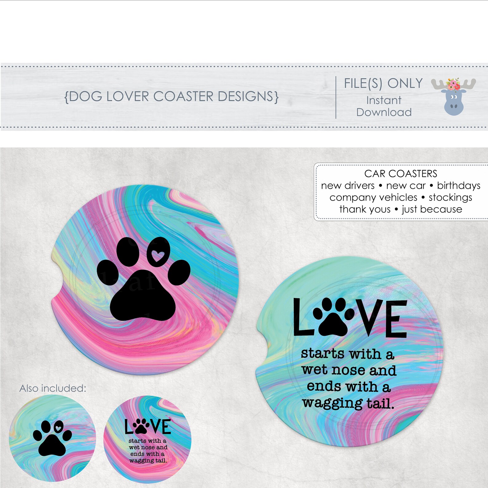 Car Coaster Sublimation Designs Dog Lover 4 Designs Etsy
