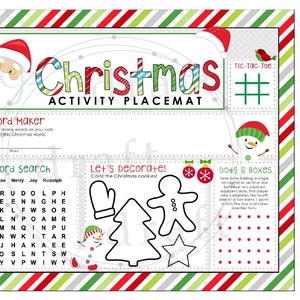 May include: A Christmas-themed activity placemat with a red, green, and white striped border. The placemat features a word search, word maker, tic-tac-toe game, and a "Let's Decorate!" section with coloring pages of a snowman, a Christmas tree, a gingerbread man, and a star. The placemat measures 10.25 inches by 8.25 inches.