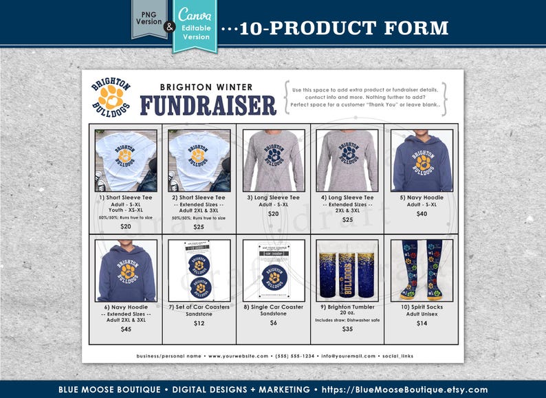 May include: A printable form for a Brighton Winter fundraiser with 10 product options. The products include short and long sleeve t-shirts, hoodies, car coasters, a tumbler, and socks. All products feature the Brighton Bulldogs logo with a blue, yellow, and white color scheme.