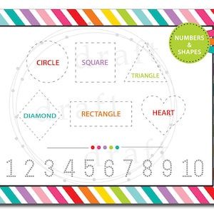 May include: A colorful worksheet with a striped border. The worksheet features a circle, square, triangle, diamond, rectangle, and heart. The words "Numbers & Shapes" are written in a green circle. The numbers 1 through 10 are written at the bottom of the page.