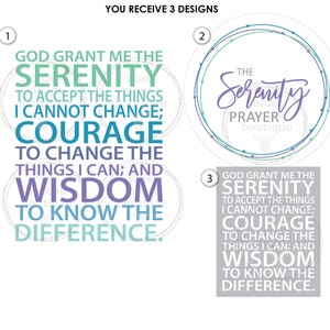 May include: Three designs for a Serenity Prayer sticker. The first design features the Serenity Prayer text in a teal, purple, and white color scheme. The second design features the word "Serenity" in a purple script font with a teal and purple circle design. The third design features the Serenity Prayer text in a teal, purple, and white color scheme.