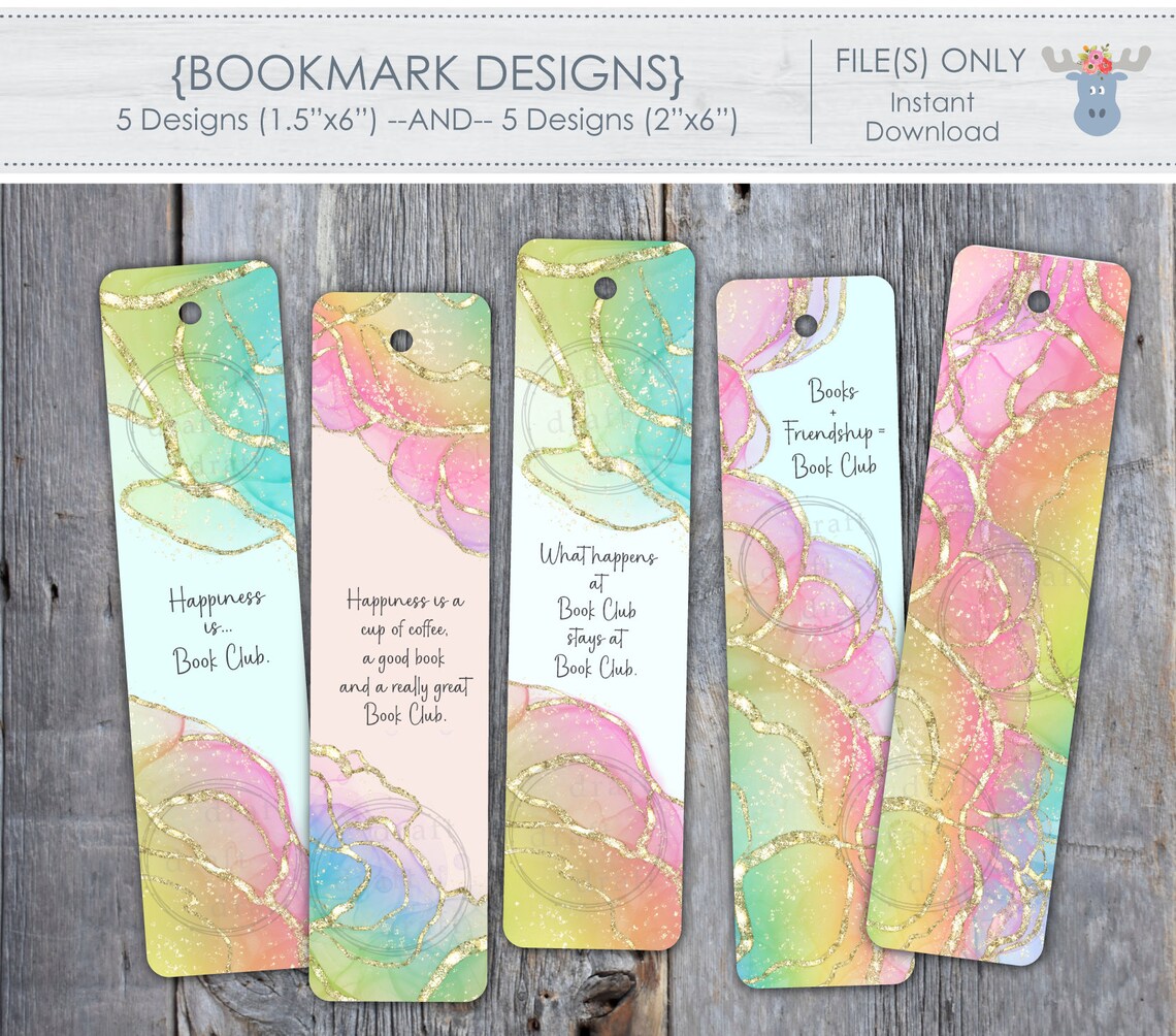 5 BOOK CLUB Bookmark Designs • Book Lovers • Includes 2 Sizes for Each ...