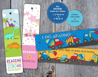 4 KIDS Bookmark Designs • Unicorn • Dinosaur • Trucks • Includes 2 Sizes for Each •  Digital Download ==&gt; Sublimation Design File png