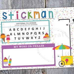 May include: A dry-erase board game with an ice cream theme. The board has a title that says "stickman" and a section for letters to guess. The letters are listed in alphabetical order. There is a space for a word or phrase to be written. The board is decorated with colorful sprinkles and ice cream cones.