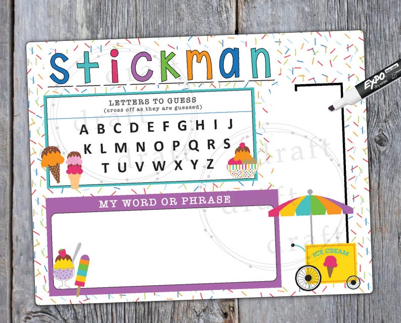 May include: A dry-erase board game with an ice cream theme. The board has a title that says "stickman" and a section for letters to guess. The letters are listed in alphabetical order. There is a space for a word or phrase to be written. The board is decorated with colorful sprinkles and ice cream cones.