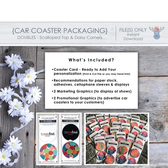 Blue CAR COASTER PACKAGING Scalloped Top Edge Doubles Color Print & Cut or  Hand-trim Template Sublimation File Png 