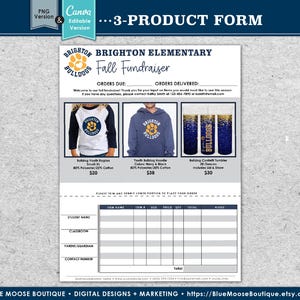 May include: A blue and white order form for a school fundraiser. The form includes a picture of a youth raglan t-shirt, a hoodie, and a confetti tumbler. The form also includes a table for ordering items. The text on the form reads "Brighton Elementary Fall Fundraiser".