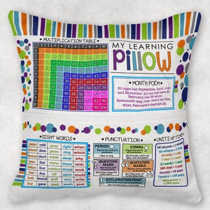May include: A white pillow with colorful stripes and polka dots. The pillow features a multiplication table, a poem about the months of the year, sight words, punctuation marks, and units of time. The text on the pillow reads "My Learning Pillow".