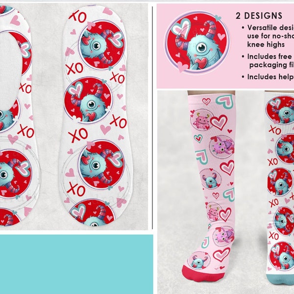 2 VALENTINE MONSTER Love Sock Designs • Cute and Fun Socks • Valentine's Day • Digital Download Sublimation png file