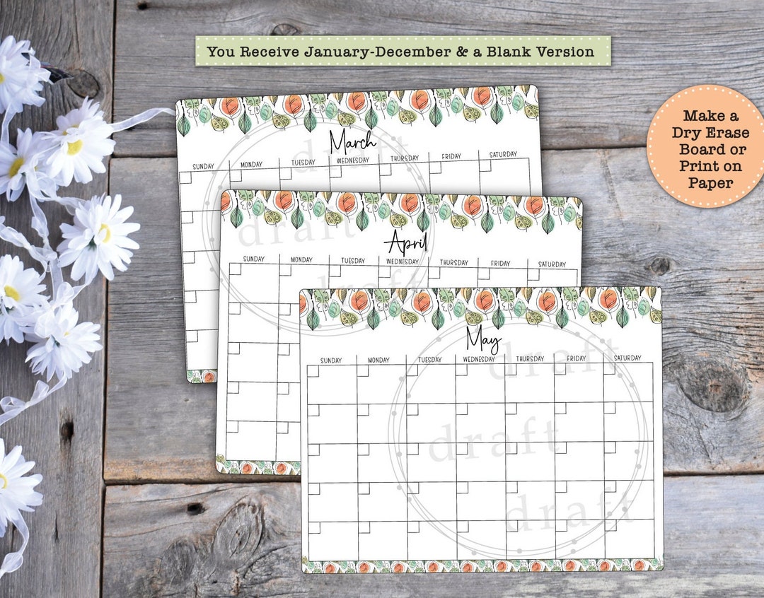Monthly Calendar Designs ==> 13 Designs - Print on Paper or Dry Erase ...