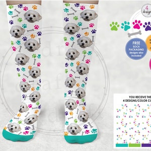 DOG (White Background) &gt;&gt; Fun & Silly Sock Designs 4 Templates Sublimation • png files • Add a Dog / Pet Face or Person • Digital Download