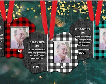 Bundle of 3 Memorial Designs • Personalized Christmas Ornament • With Photo • Buffalo Plaid • Sublimation Digital Design Download File PNG