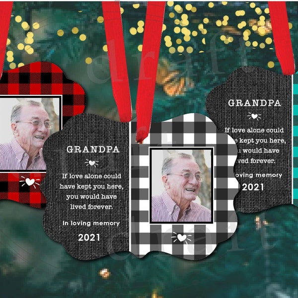Bundle of 3 Memorial Designs • Personalized Christmas Ornament • With Photo • Buffalo Plaid • Sublimation Digital Design Download File PNG