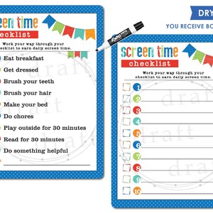 May include: Two dry-erase checklists with a blue background and colorful flags at the top. The checklist on the left has a list of 10 chores to complete to earn screen time. The checklist on the right is blank. The text on the checklist reads "screen time checklist".