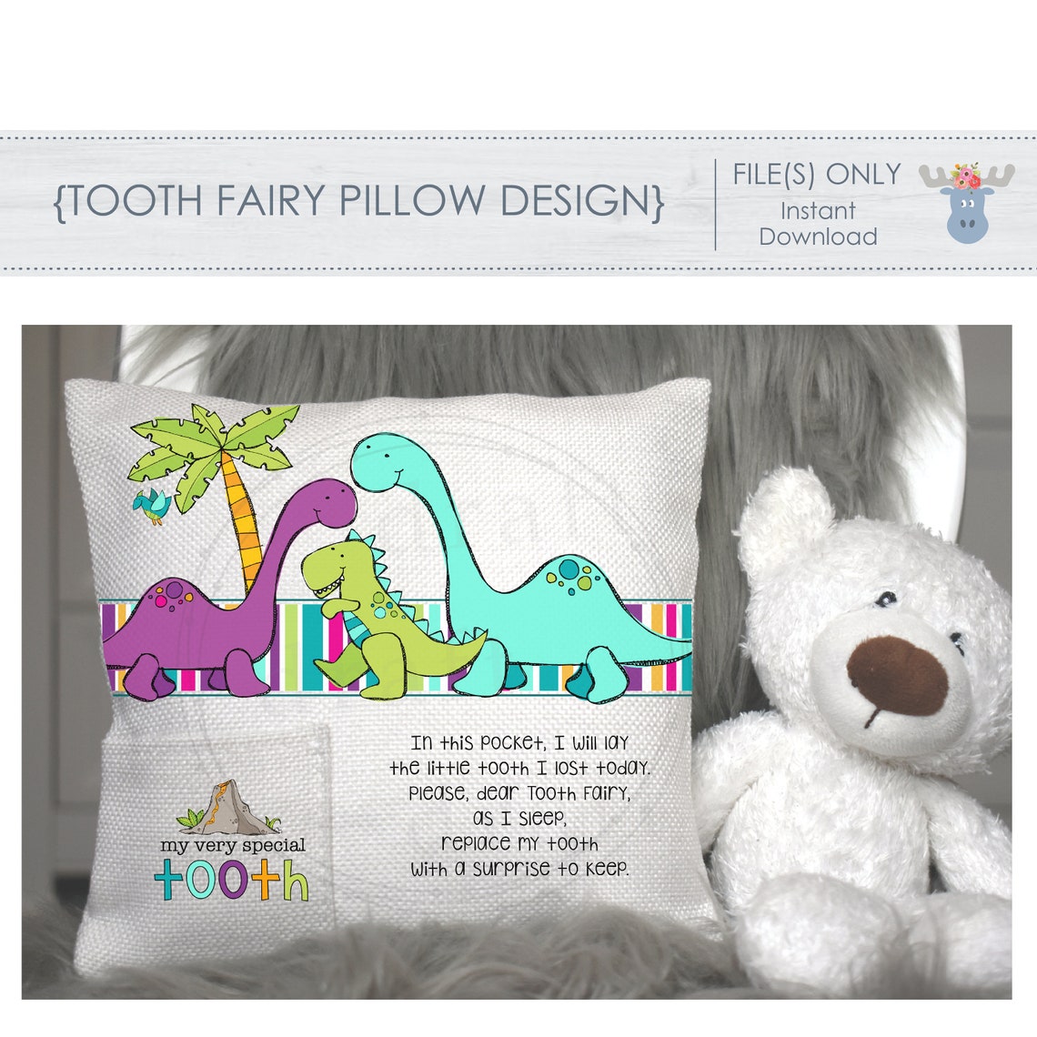 Dinosaur TOOTH FAIRY Pillow Design Kids Toothfairy Etsy