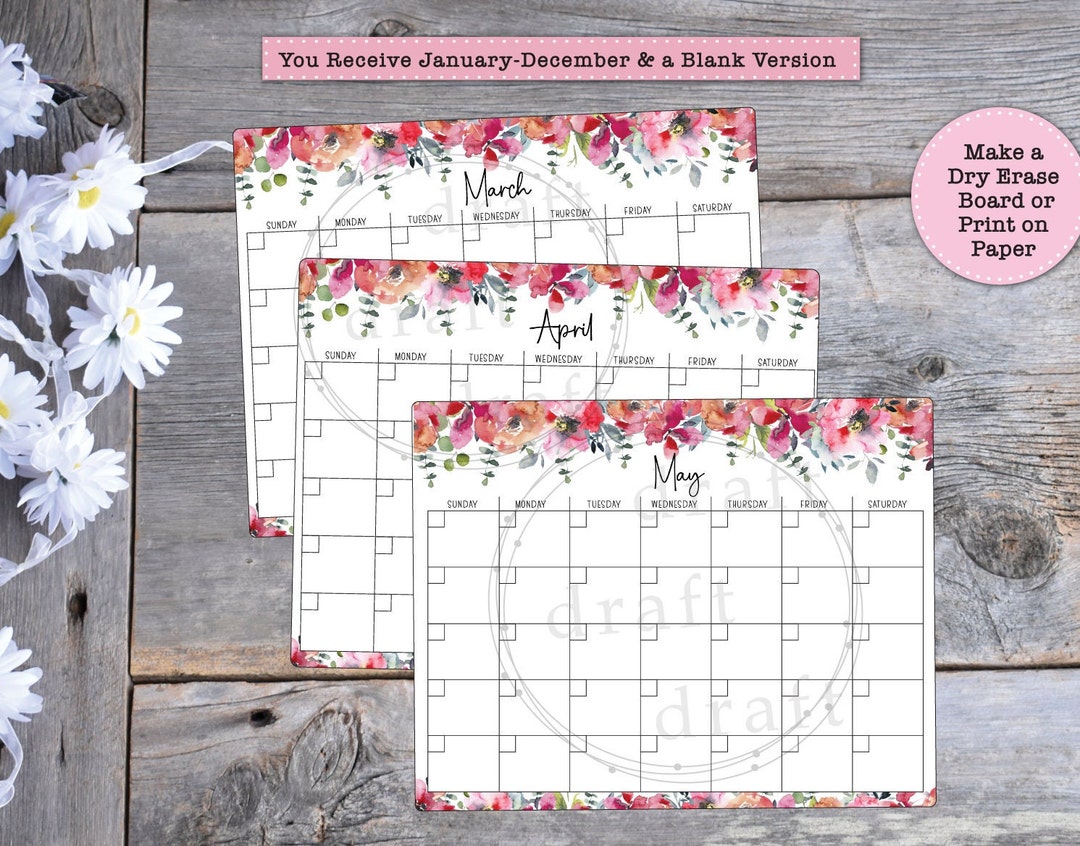 Monthly Calendar Designs 13 Designs Print on Paper or Dry Erase Board ...