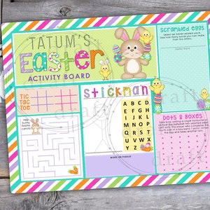 May include: A colorful printable Easter activity board with games like tic-tac-toe, a maze, a word search, and a dots and boxes game. The board features a bunny rabbit with Easter eggs and the text "TATUM'S Easter ACTIVITY BOARD".