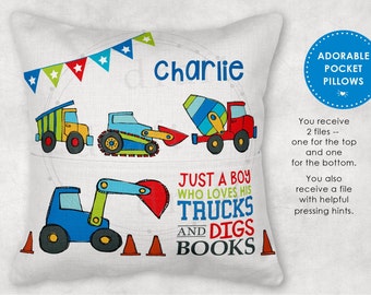 TRUCKS 2: Book Pillow Design • 8"H Pocket • Just a Boy Who Loves His Trucks and Digs Books - Sublimation File Digital Design png Files