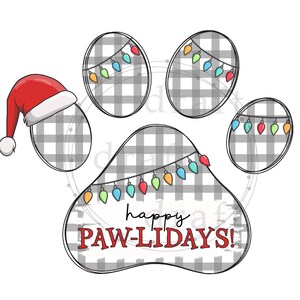 May include: A black and white paw print with a red Santa hat and a string of colourful lights that says "happy paw-lidays!"
