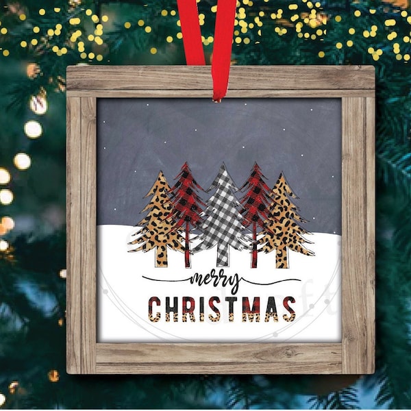 CHRISTMAS TREES • Leopard & Buffalo Plaid Ornament Designs • Design Square • Download Template Sublimation Designs - png