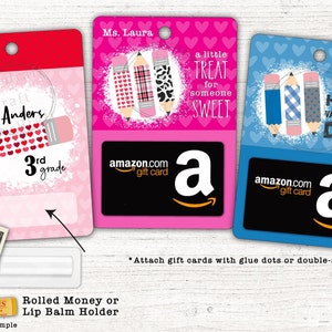 3 Valentinstag Geschenkkarten Designs für Lehrer • Befestigen Sie gerolltes Geld, Lippenbalsam oder Kartenhalter • Sublimation Digital Download Datei PNG