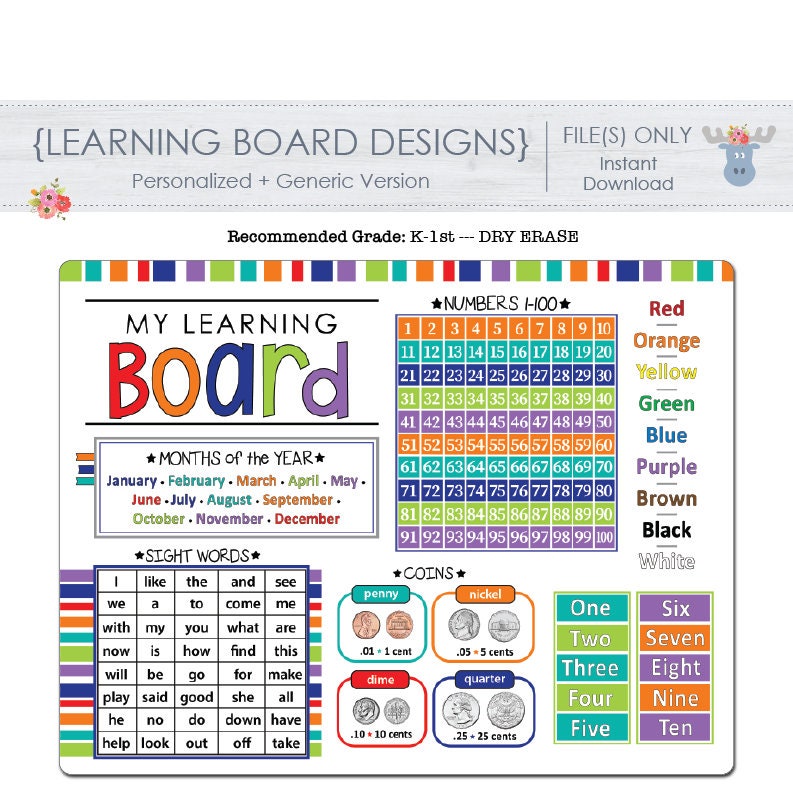 K-1 Grade LEARNING BOARD Kindergarten 1st Grade Dry | Etsy