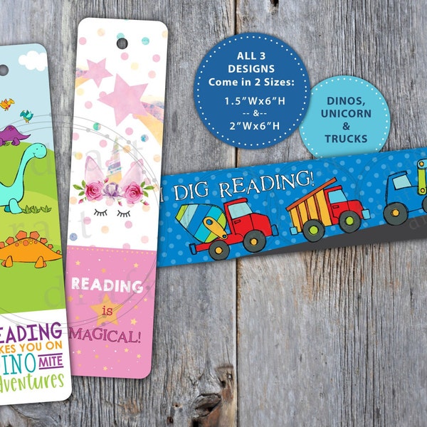 3 KIDS Bookmark Designs • Unicorn • Dinosaur • Trucks • Includes 2 Sizes for Each •  Digital Download ==> Sublimation Design File png