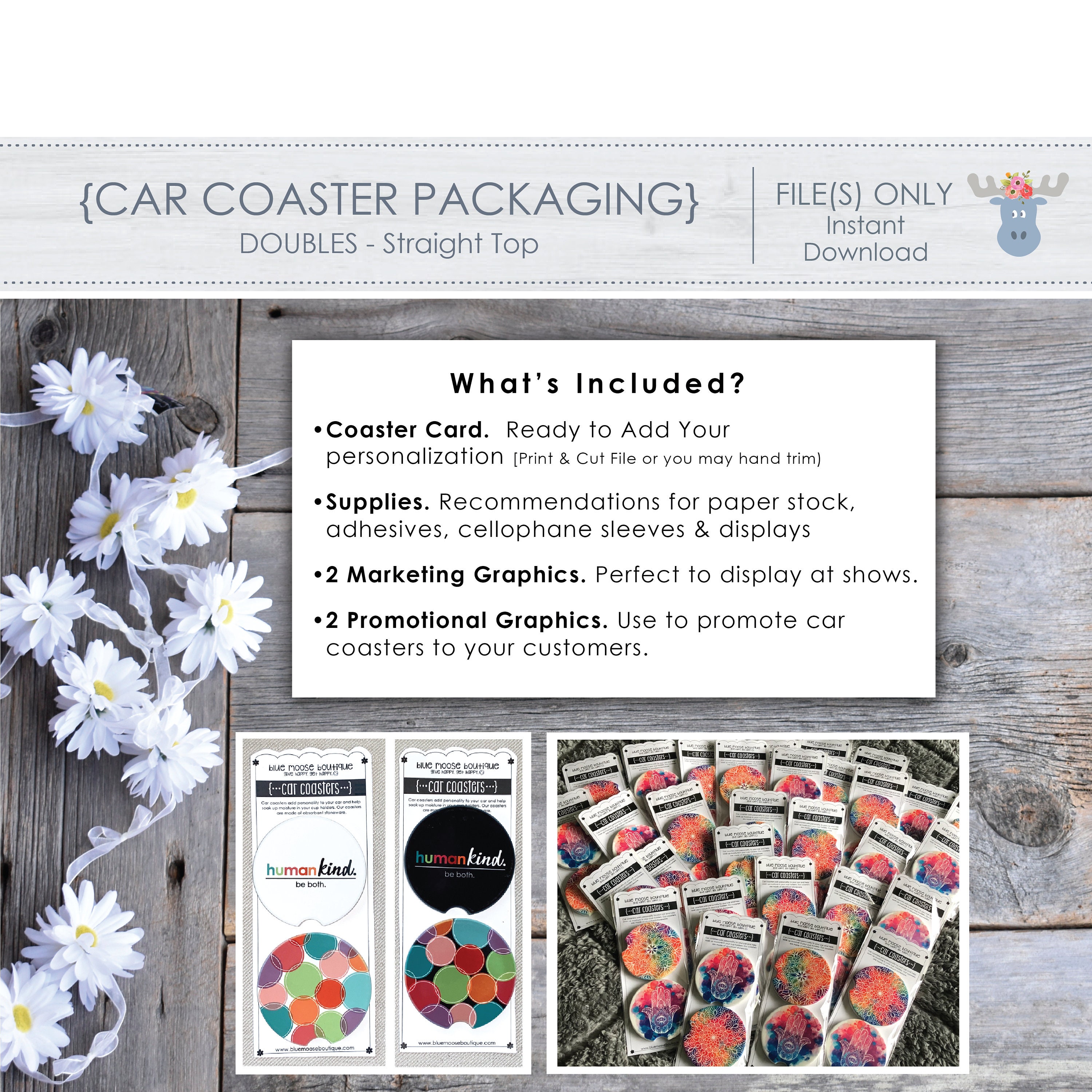 Car Coaster Packaging for Selling,Sublimation Car Coaster Display Card Set  with Bags Coaster Display Brown Cards Car Coaster Display Cards (White)