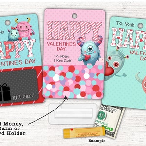 3 MONSTER Valentinstag Geschenkkarten Designs ==> Befestigen Sie Rolled Geld oder Lippenbalsam • Sublimation Digital Download Datei png
