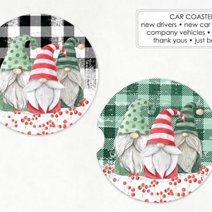 May include: Three gnomes with red and white striped hats, green hats with white polka dots, and white beards. The gnomes are on a white background with red berries and green and white plaid.