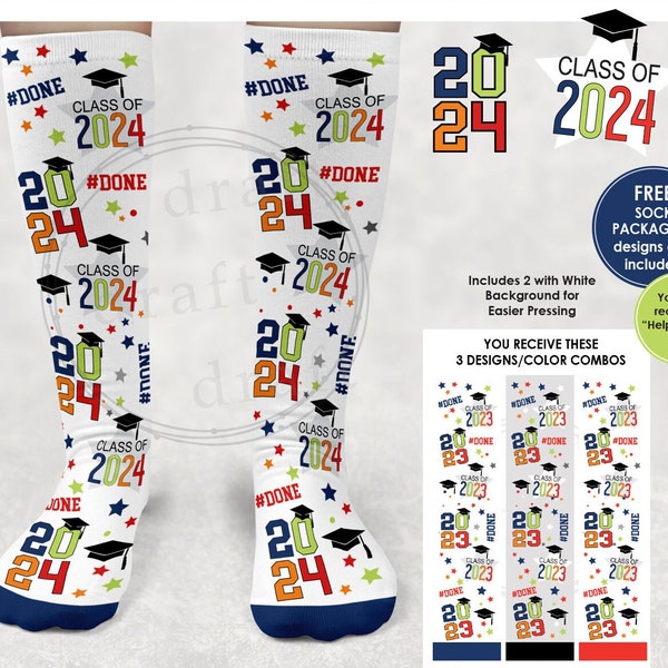 3 - 2024 GRADUATION SOCKS Designs - Primary Colors • Fun • Graduate • Sublimation Digital Download Template png File