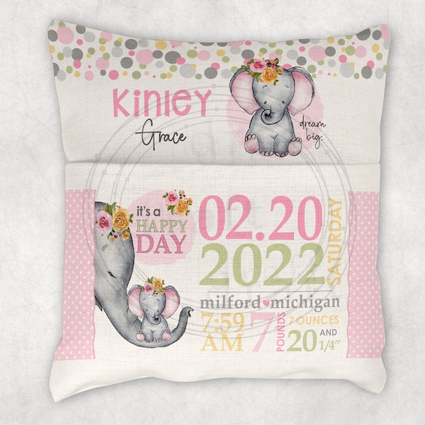 ELEPHANTS • Book Pillow Design • 9"H Pocket • Baby • Elephant • Pink • Birth Stats • Sublimation png Files Digital Download