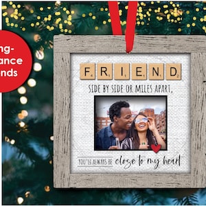 LONG DISTANCE FRIENDS • Miles Apart Scrabble Christmas Ornament Designs • Design Square • Download Template Sublimation Designs - png