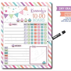 May include: A dry erase to-do board with a colourful striped border and cupcake illustrations. The board is designed for 8x10.25 inches and has sections for daily, weekly, and other tasks.