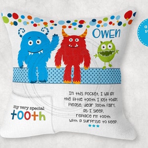 May include: A white pillow with a blue, red, and green monster design. The pillow has a pocket on the front with the text "my very special tooth" and a message for the tooth fairy. The pillow is personalized with the name "Owen".